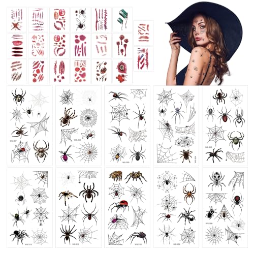 TZQFROCE Blätter Halloween Tattoos Aufkleber Halloween Narben Tattoo Spinnennetz Make up Aufkleber Halloween Schminke Tattoo für Kinder Erwachsener, Halloween Makeup (B) von TZQFROCE