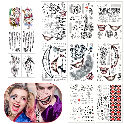 TZQFROCE 14 Blätter Halloween Joker Tattoo Halloween Clown Temporäre Tattoo Joker Tattoos Halloween TemporäRe Tattoos Suicide Squad für Halloween Masquerade Karneval Party von TZQFROCE