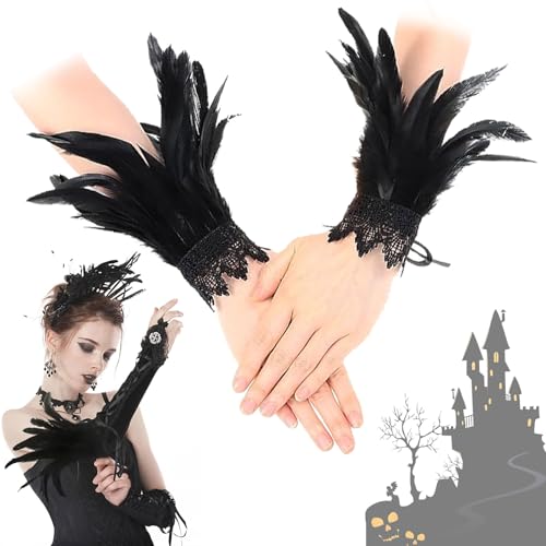 TZQFROCE Damen Feder Handgelenk Manschetten Schwarz Feder Accessoires Damen Gothic Feder Manschetten Armbänder Vintage Feder Manschette für Karneval Kostüm Rollenspiel Party Game von TZQFROCE