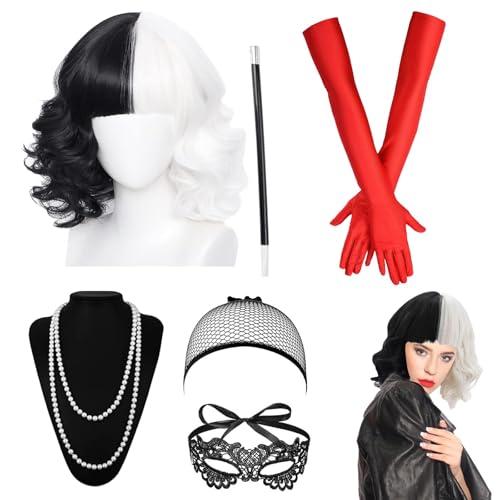Kurze Perücke Kurze Kostüm Damen Perücke Schwarz Weiß Karneval Kur-ze Perück-e Schwarz Weiß Cosplay Perück-en mit Maske Handschuhe Halskette Lang Holder für Karneval Kostüm Damen von TZQFROCE