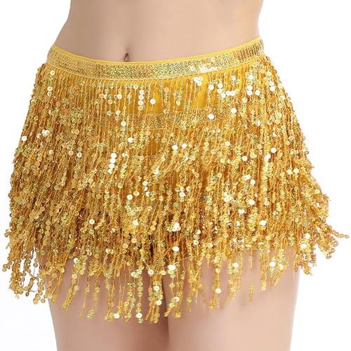 TZQFROCE Glitzer Damen Rock Mit Pailletten Und Fransen - Bauchtanz Quasten Pailettenrock für Frauen Und Mädchen - Goldene von TZQFROCE