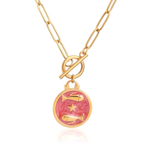 Halskette mit Knebelanhänger für Damen,18K Gold,rote Emaille-Münze,Fische-Halskette,Astrologie 12 Sternbilder,Horoskop,Sternzeichen Fische,Schmuck,Geburtstagsgeschenk für Ehefrau und Freundin Halskette mit Knebelanhänger für Damen,18K Gold,rote Emaille-Münze,Fische-Halskette,Astrologie 12 Sternbilder,Horoskop,Sternzeichen Fische,Schmuck,Geburtstagsgeschenk für Ehefrau und Freundin von TaYolnFaSo