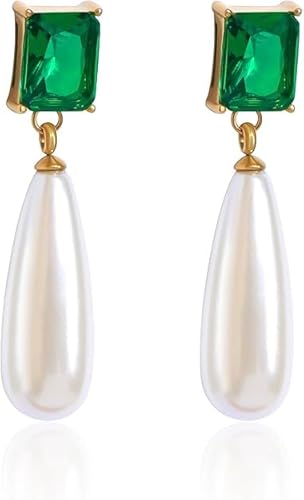 TaYolnFaSo Perle Ohrringe Smaragd-Schnitt Diamant Ohrring 19K vergoldet Dangle Drop Ohrring Schmuck Geburtsstein Geschenk für Frauen von TaYolnFaSo