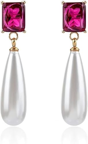 TaYolnFaSo Smaragdgeschliffener Rubin-Perlenohrring für Damen 18 Karat vergoldet Roter Zirkonia-Tropfen Juli-Geburtsstein Geschenk Perlen-Schmuck Geschenk zum Geburtstag Weihnachten Hochzeit von TaYolnFaSo