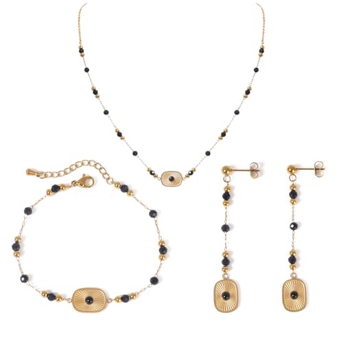 TaYolnFaSo Schmuckset mit Natursteinperlen für Damen,Halskette und Ohrringe mit runden Kugelperlen,Boho-Set mit Edelsteinen und Heilkristallen, Geschenk für Mutter und Frau von TaYolnFaSo