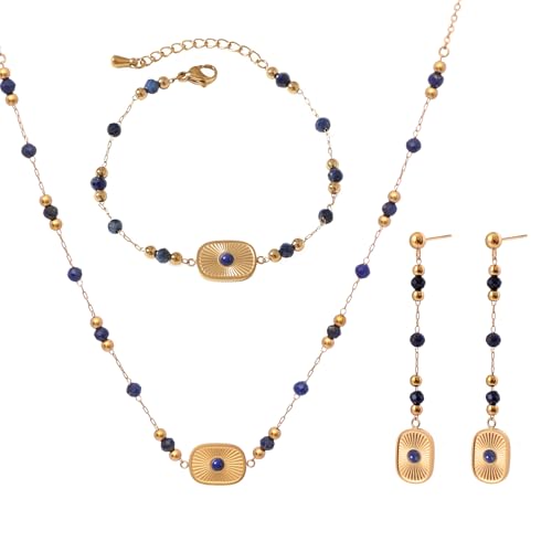 TaYolnFaSo Natural Lapis Lazuli Schmuck Set für Frauen Edelstahl Sonnenscheibe Lapis Halskette Ohrringe Armband Set Lapis Lazuli Perlen Schmuck 3pcs für Mutter Frau Geburtstag von TaYolnFaSo