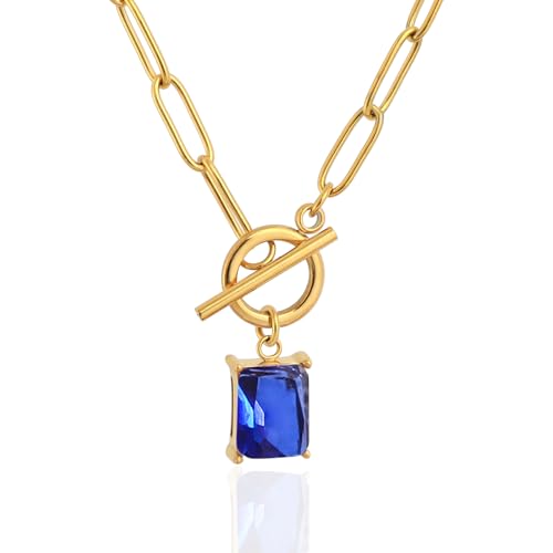 TaYolnFaSo Smaragd-Schnitt Saphir Anhänger Paperclip Kette Halskette 18K vergoldet Schmuck September Geburtsstein Geschenk für Frauen von TaYolnFaSo