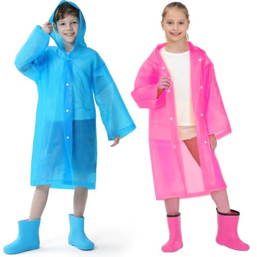 2 Stück Regenponcho Kinder, Eva Atmungsaktiv Regenschutz Regenmantel Kinder Wiederverwendbar Transparent Regenmantel für Reisen Wandern Radfahren & Camping von Taasmoog