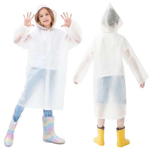 2 Stück Regenponcho Kinder, Wiederverwendbar Transparent Regenmantel, Atmungsaktiv Wasserdicht Regenmantel für Reisen, Wandern, Radfahren & Camping(Weiß) von Taasmoog