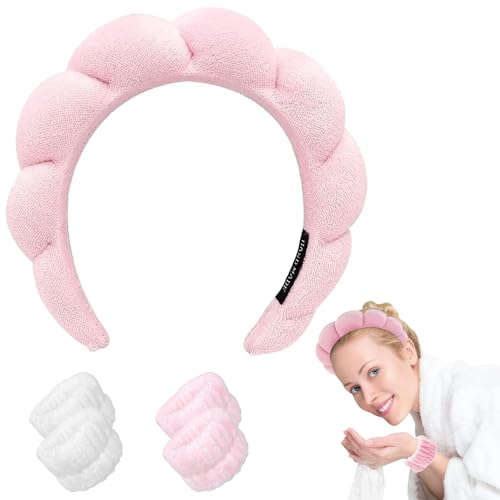 Damen Spa Stirnband Armband Sets Haarband Make up Haarband Weicher Schwamm Hautpflege zum Waschen des Gesichts Make up Spa Yoga Sport Entferner Dusche Hautpflege (Rosa) von Taasmoog