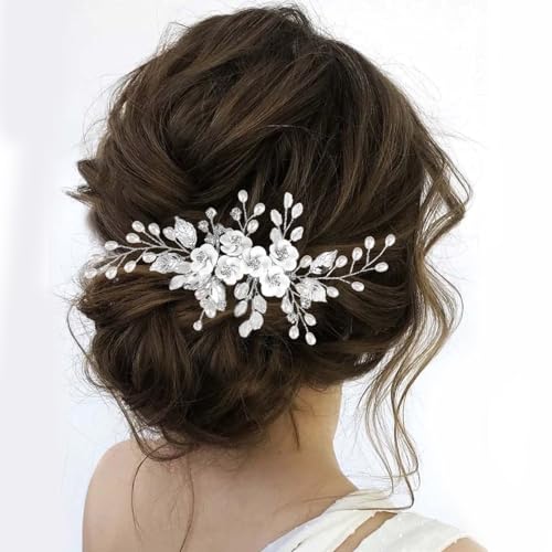 Hochzeit Blume Haar Rebe Perle Stirnband, Brautschmuck Braut Blatt Kopfschmuck Braut Haarschmuck für Frauen Mädchen Brautjungfern(Silber) von Taasmoog