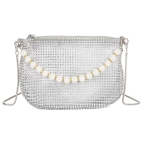 Silber Strass Clutch Geldbörsen, Damen Glitzer Tasche Silber Abendtasche Diamant Handtasche Elegante Brauttasche Damen Schultertasche für Abend Prom Hochzeit Party Bankett von Taasmoog