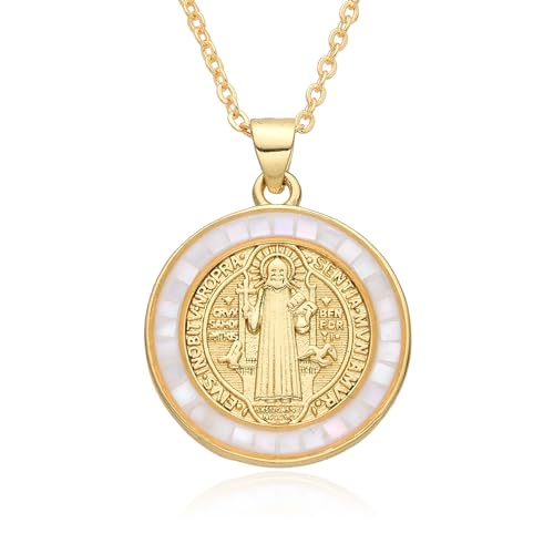 Tabai Medalla de San Benito Skapulars Katholische Halskette Heiliger Benedikt Anhänger Handgemachte Natürliche Weiße Muschel Charm Goldene Kette für Segen von Tabai