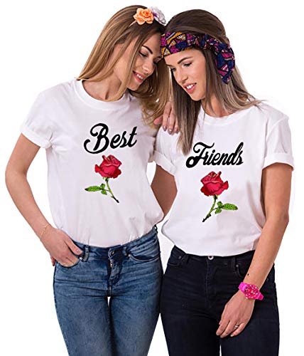 Best Friends T-Shirt für Mädchen Sister Shirt mit Rose BFF Shirt Schwarz Damen Tops Baumwolle Sommer Oberteil 1 Stück(Weiß-Friend, S) von Tabiekacl