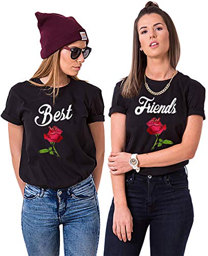 Best Friends T-Shirt für Mädchen Sister Shirt mit Rose BFF Shirt Schwarz Damen Tops Baumwolle Sommer Oberteil 1 Stück(Schwarz-Best, S) von Tabiekacl