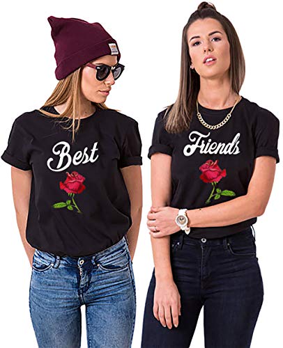 Best Friends T-Shirt für Mädchen Sister Shirt mit Rose BFF Shirt Schwarz Damen Tops Baumwolle Sommer Oberteil 1 Stück, Schwarz-Best, Gr.XL von Tabiekacl