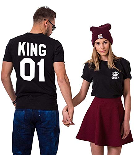 King Queen Shirt Paar Tshirt Pärchen T-Shirt Partner T-Shirt König Königin Kurzarm 1 Stück, Schwarz-King, XXL von Tabiekacl