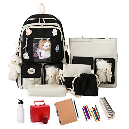 Tacery Süßer Kawaii Rucksack für die Schule | 5-teiliges Kawaii-Rucksack-Set,Damen-Rucksack mit Umhängetasche, Bleistifttaschen, Tragetasche, String-Beutel, Pins und Anhänger von Tacery