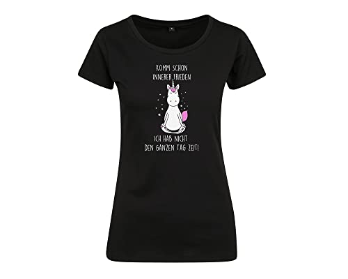 Lustiges Damen T-Shirt mit meditierendem Einhorn und Spruch Komm Schon innerer Frieden (S) von Tachinedas Kreativshop