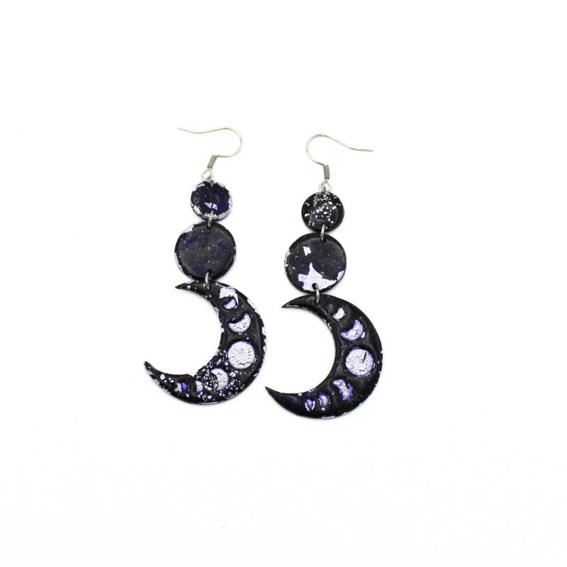 Polymer Clay Mond Ohrhänger Schwarz Lila Silber Ohrringe Mondphasen von TachinedasCreative