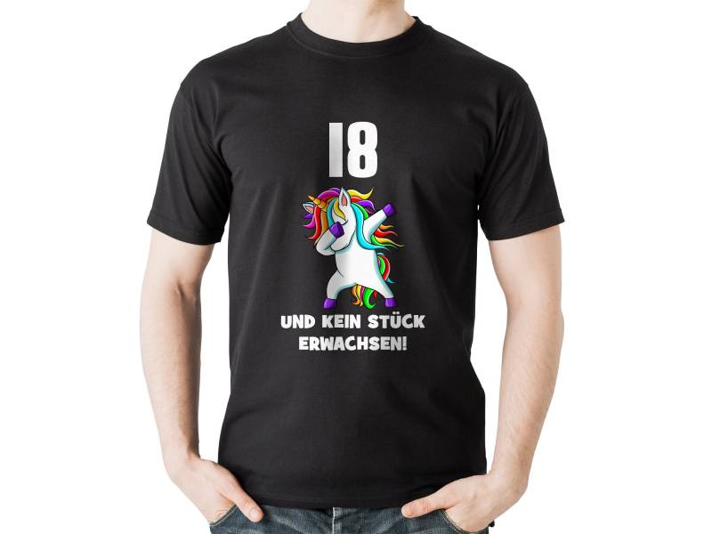 Witziges Herren T-Shirt Zum 18. Geburtstag Mit Einhorn Und Spruch 18 Kein Stück Erwachsen von TachinedasCreative
