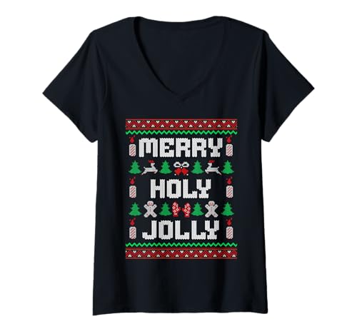 Damen Hässlicher Weihnachtspullover mit Weihnachtsmotiv T-Shirt mit V-Ausschnitt Damen Hässlicher Weihnachtspullover mit Weihnachtsmotiv T-Shirt mit V-Ausschnitt von Tacky Christmas Sweater