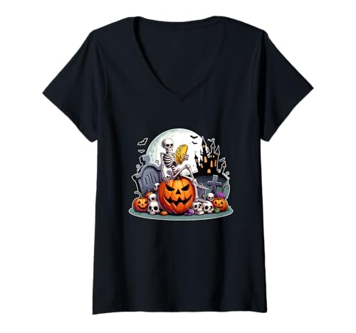 Damen Horror Skeleton Eating Taco On Carved Pumpkins Halloween T-Shirt mit V-Ausschnitt von Taco Halloween Costume