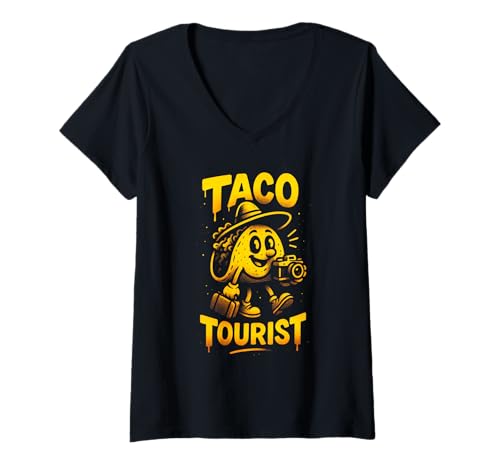 Damen Taco Tourist Graffiti Typografie Kunstwerk T-Shirt mit V-Ausschnitt Damen Taco Tourist Graffiti Typografie Kunstwerk T-Shirt mit V-Ausschnitt von Taco Street