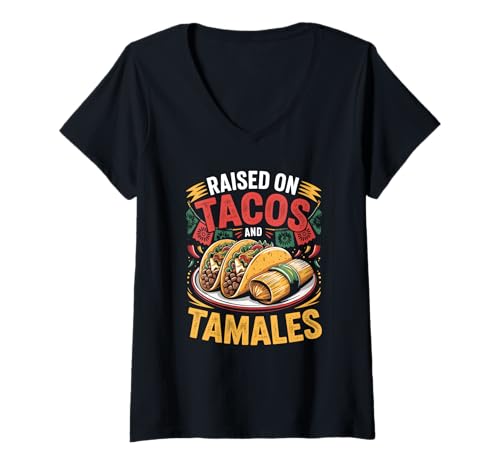 Damen Aufgewachsen auf Tacos Tamales mexikanischem Food-Liebhaber-Design T-Shirt mit V-Ausschnitt Damen Aufgewachsen auf Tacos Tamales mexikanischem Food-Liebhaber-Design T-Shirt mit V-Ausschnitt von Taco Tuesday Tamale Lover Foodie Mexican Cuisine