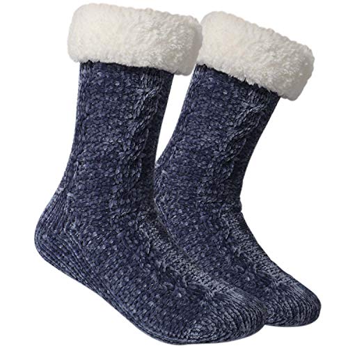 Tacobear Damen Kuschelsocken Haussocken Bettscoken Hüttensocken Wintersocken Chenille Socken Warme Dicke Socken mit Antirutschsohle für Damen und Herren (Blau, ohne Pompom) von Tacobear