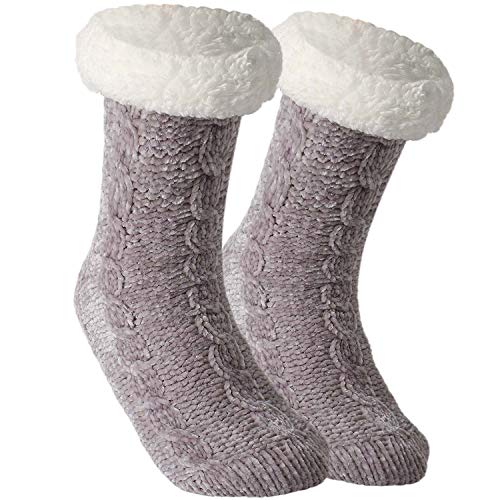 Tacobear Damen Kuschelsocken Haussocken Bettscoken Hüttensocken Wintersocken Chenille Socken Warme Dicke Socken mit Antirutschsohle für Damen und Herren (Hellgrau, ohne Pompom) von Tacobear