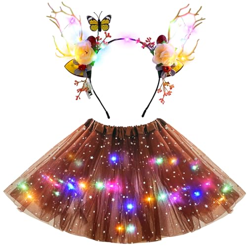 Tacobear Leuchtende REH Kostüm Kinder Mädchen LED Tutu Rock mit Rentier Haarreif Elch Rentier Kostüm Weihnachtskostüm Halloween Karneval Fasching Cosplay Verkleidung von Tacobear