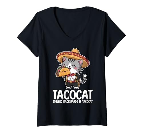 Damen Tacocat Spelled Backwards is Tacocat Cat and Taco Lover T-Shirt mit V-Ausschnitt von Tacocat Spelled Backwards is Tacocat Cat And Taco