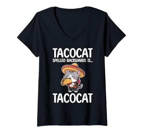 Damen Tacocat Spelled Backwards is Tacocat Cat and Taco Lover T-Shirt mit V-Ausschnitt Damen Tacocat Spelled Backwards is Tacocat Cat and Taco Lover T-Shirt mit V-Ausschnitt von Tacocat Spelled Backwards is Tacocat Cat And Taco