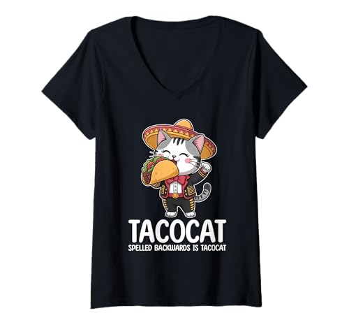 Damen Tacocat Spelled Backwards is Tacocat Cat and Taco Lover T-Shirt mit V-Ausschnitt Damen Tacocat Spelled Backwards is Tacocat Cat and Taco Lover T-Shirt mit V-Ausschnitt von Tacocat Spelled Backwards is Tacocat Cat And Taco