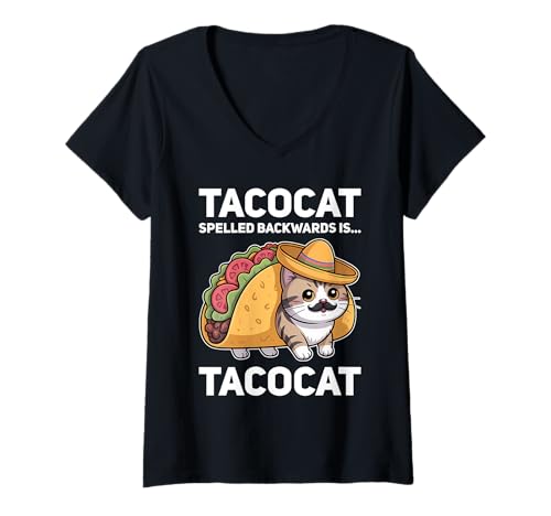 Damen Tacocat Spelled Backwards is Tacocat Cat and Taco Lover T-Shirt mit V-Ausschnitt von Tacocat Spelled Backwards is Tacocat Cat And Taco