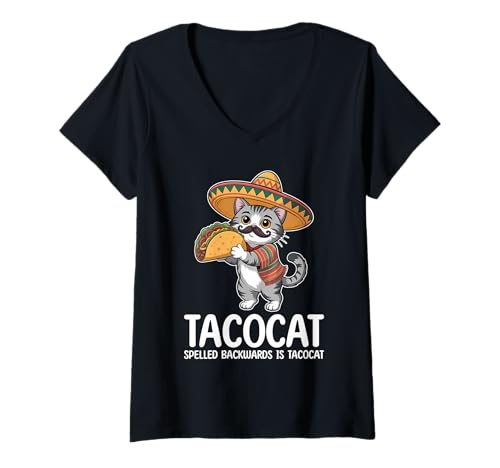 Damen Tacocat Spelled Backwards is Tacocat Cat and Taco Lover T-Shirt mit V-Ausschnitt Damen Tacocat Spelled Backwards is Tacocat Cat and Taco Lover T-Shirt mit V-Ausschnitt von Tacocat Spelled Backwards is Tacocat Cat And Taco