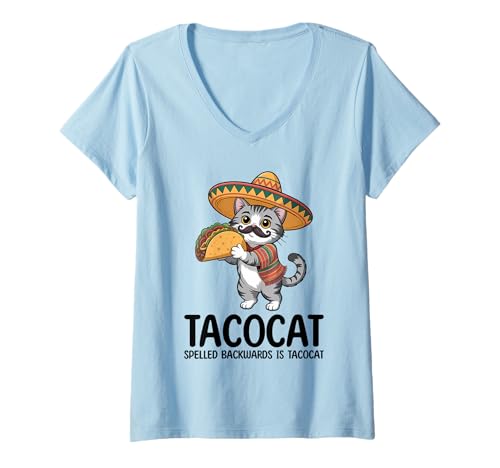 Damen Tacocat Spelled Backwards is Tacocat Cat and Taco Lover T-Shirt mit V-Ausschnitt Damen Tacocat Spelled Backwards is Tacocat Cat and Taco Lover T-Shirt mit V-Ausschnitt von Tacocat Spelled Backwards is Tacocat Cat And Taco
