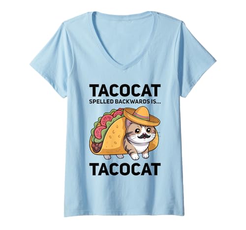 Damen Tacocat Spelled Backwards is Tacocat Cat and Taco Lover T-Shirt mit V-Ausschnitt Damen Tacocat Spelled Backwards is Tacocat Cat and Taco Lover T-Shirt mit V-Ausschnitt von Tacocat Spelled Backwards is Tacocat Cat And Taco