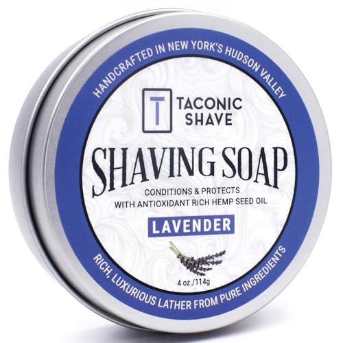 Taconic Shave Barbershop Qualitäts-Rasierseife für Männer und Frauen mit Antioxidantien-reichem Hanfsamenöl – Feuchtigkeitsspendende Rasierseife für alle Hauttypen – 4 oz. Puck – Lavendel von Taconic Shave