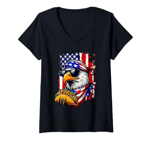 Damen Eagle Sunglasses Eating Taco 4th Of July US Flag Patriotic T-Shirt mit V-Ausschnitt Damen Eagle Sunglasses Eating Taco 4th Of July US Flag Patriotic T-Shirt mit V-Ausschnitt von Tacos 4th Of July Costume