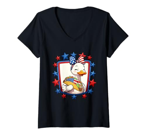 Damen Goose Bow Tie Eating Taco 4th Of July US Flag Patriotic T-Shirt mit V-Ausschnitt Damen Goose Bow Tie Eating Taco 4th Of July US Flag Patriotic T-Shirt mit V-Ausschnitt von Tacos 4th Of July Costume