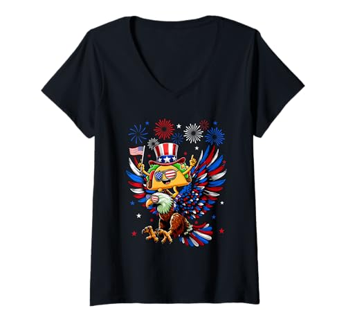 Damen Patriotic Squad 4th Of July Taco Riding Eagle Sunglasses T-Shirt mit V-Ausschnitt Damen Patriotic Squad 4th Of July Taco Riding Eagle Sunglasses T-Shirt mit V-Ausschnitt von Tacos 4th Of July Costume