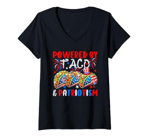 Damen Powered By Taco & Patriotism 4th Of July US Flag Patriotic T-Shirt mit V-Ausschnitt Damen Powered By Taco & Patriotism 4th Of July US Flag Patriotic T-Shirt mit V-Ausschnitt von Tacos 4th Of July Costume