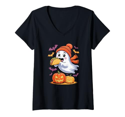 Damen Cute Boo Ghost Eating Taco Halloween Food Lover Kids Family T-Shirt mit V-Ausschnitt von Tacos Halloween Costume