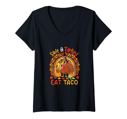 Damen Eat Taco Save Turkey Thanksgiving Autumn Rainbow Turkey T-Shirt mit V-Ausschnitt von Tacos Thanksgiving Costume