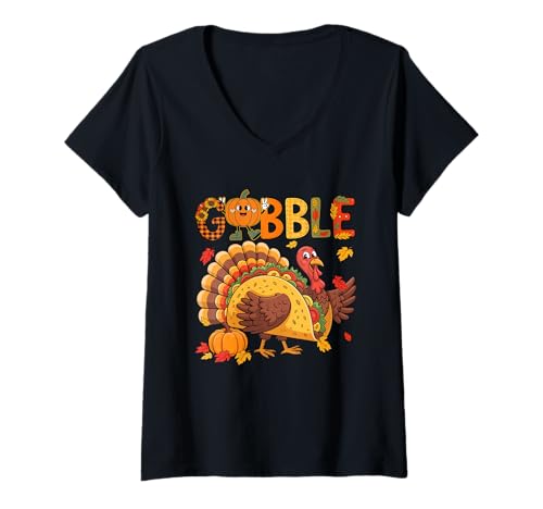 Damen Gobble Thanksgiving Turkey As Taco Matching Food Lover Kids T-Shirt mit V-Ausschnitt Damen Gobble Thanksgiving Turkey As Taco Matching Food Lover Kids T-Shirt mit V-Ausschnitt von Tacos Thanksgiving Costume