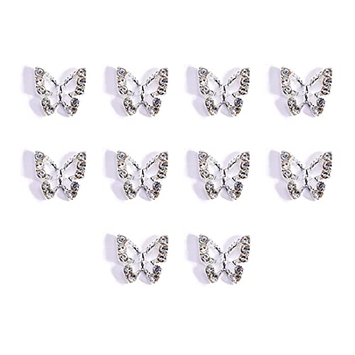 10 Stück Schmetterlings Nagel Strass Charms,Legierung, Schmetterlinge glänzende Kristall Nagelkunst Charms für Acryl Frauen Nagelzubehör für DIY Maniküre, Schmuck Zubehör (Silber) von Tadipri