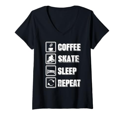 Damen Kaffee Skate Schlaf Wiederhole Lustiger Eislauffan T-Shirt mit V-Ausschnitt Damen Kaffee Skate Schlaf Wiederhole Lustiger Eislauffan T-Shirt mit V-Ausschnitt von Tägliche Eislaufroutine Mit Kaffee-Fans