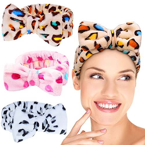 Makeup Haarband 3 Stücke Damen Bowknot Stirnbänder Leopard Striped Elastic Haarbänder Plüsch Make-up Gesicht Waschen Dusche Stirnband für Duschen und Gesicht Waschen (Mehrfarbig) von Taeku